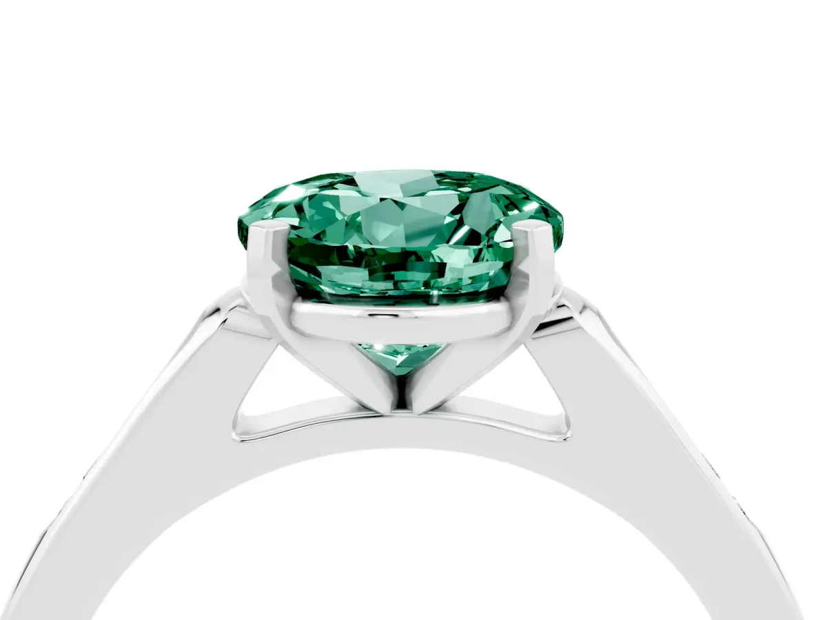 Round Cut Green Sapphire Solitaire Ring with Channel Set Round Band and Prong Setting Silver
