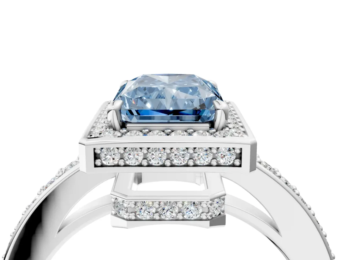 Fancy Blue Radiant Cut Halo Pave Band Solitaire Ring with Prong Setting Platinum