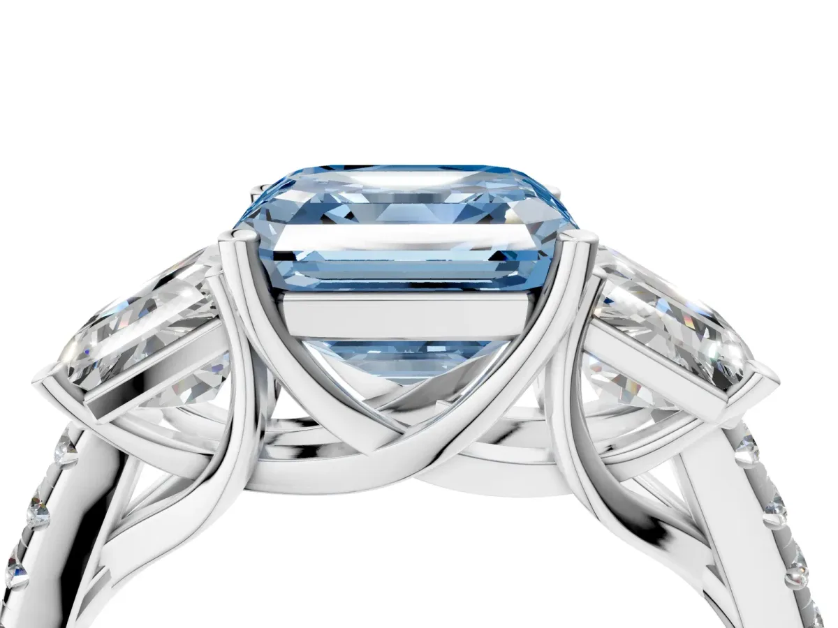 Fancy Blue Three-Stone Asscher Cut Diamond Ring with Round Pavé Band and Prong Setting Silver
