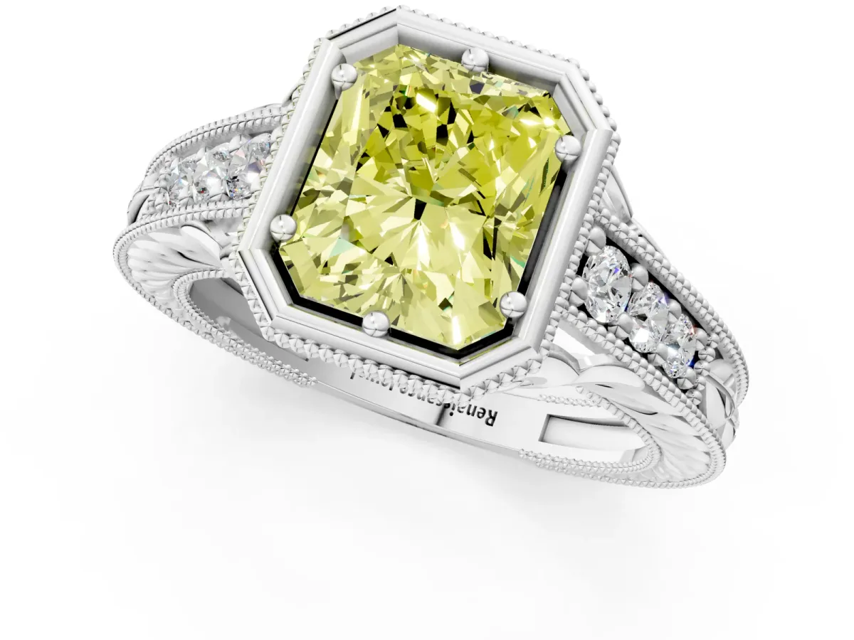 Fancy Yellow Bezel Set Radiant Cut Diamond Milgrain Pave Engagement Ring Platinum