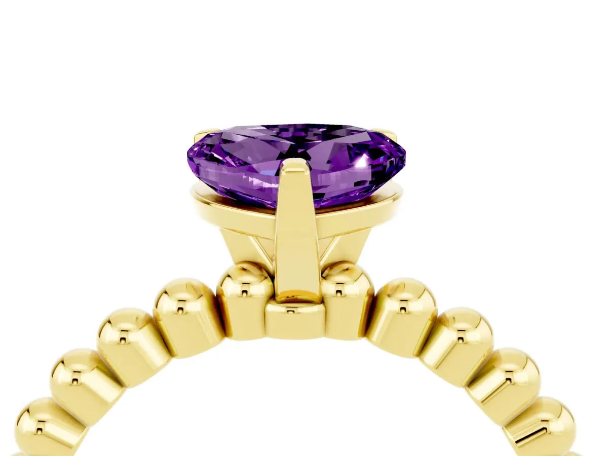 Heart Cut Amethyst Solitaire Ring with Beaded Band and Prong Setting Yellow gold