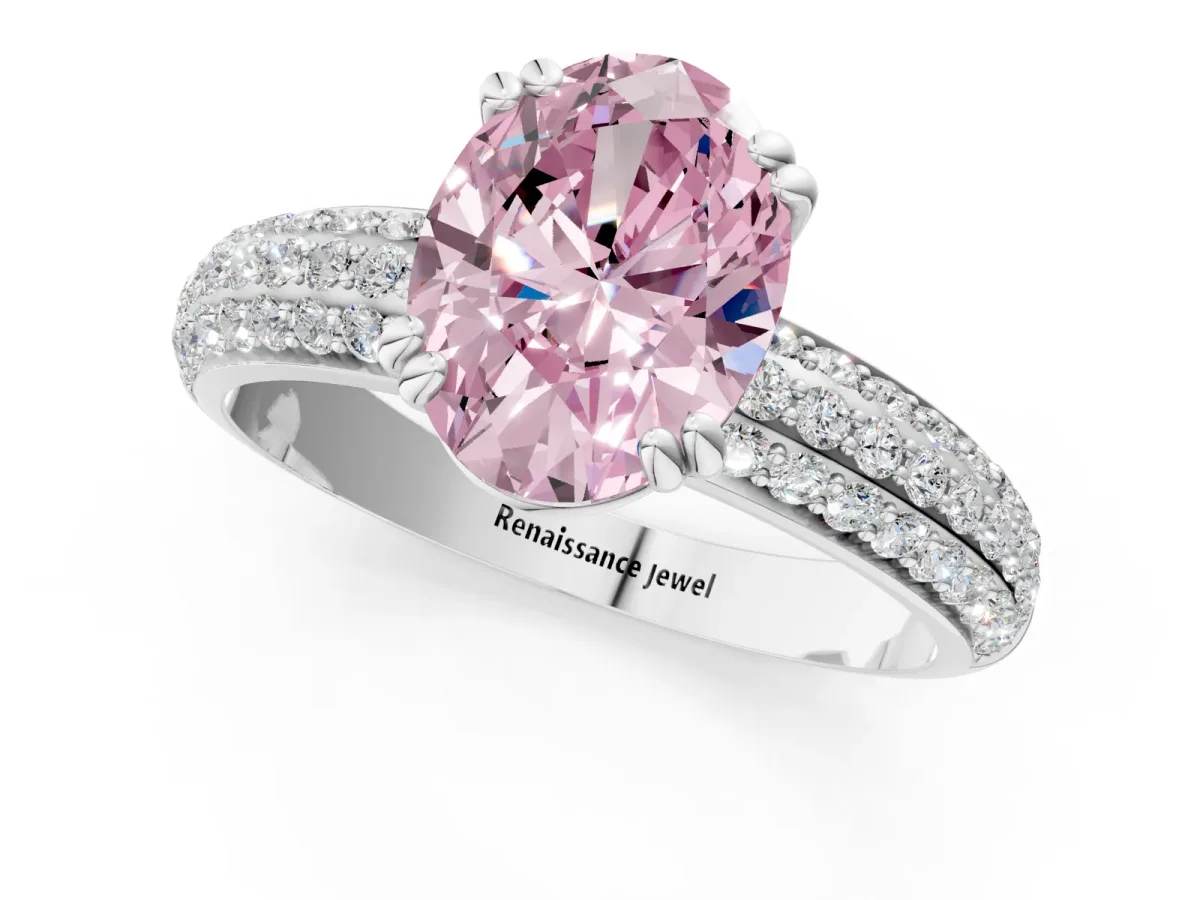 Fancy Pink Oval Cut Diamond Solitaire Ring with Multi-Row Round Pavé Band and Prong Setting White gold