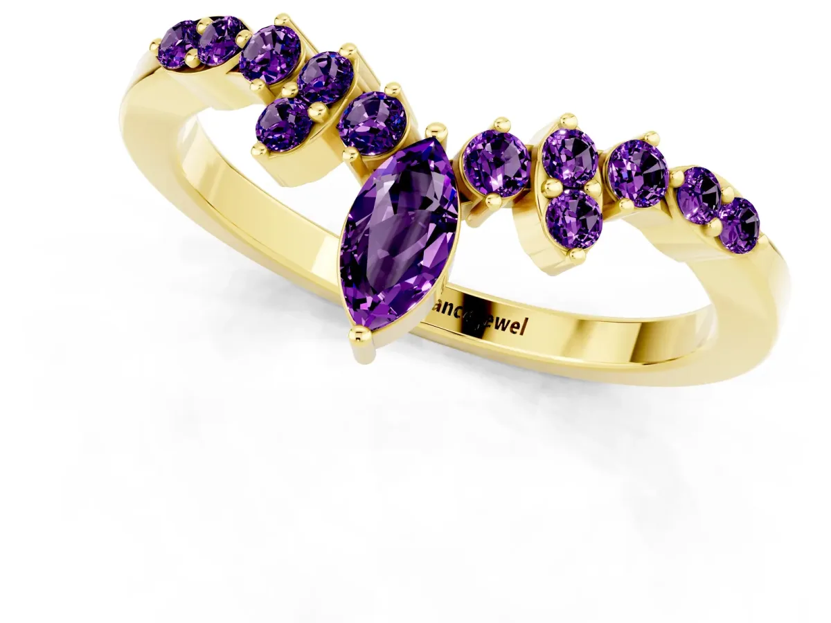 Marquise and Round Amethyst Chevron Band with Prong Setting Yellow gold