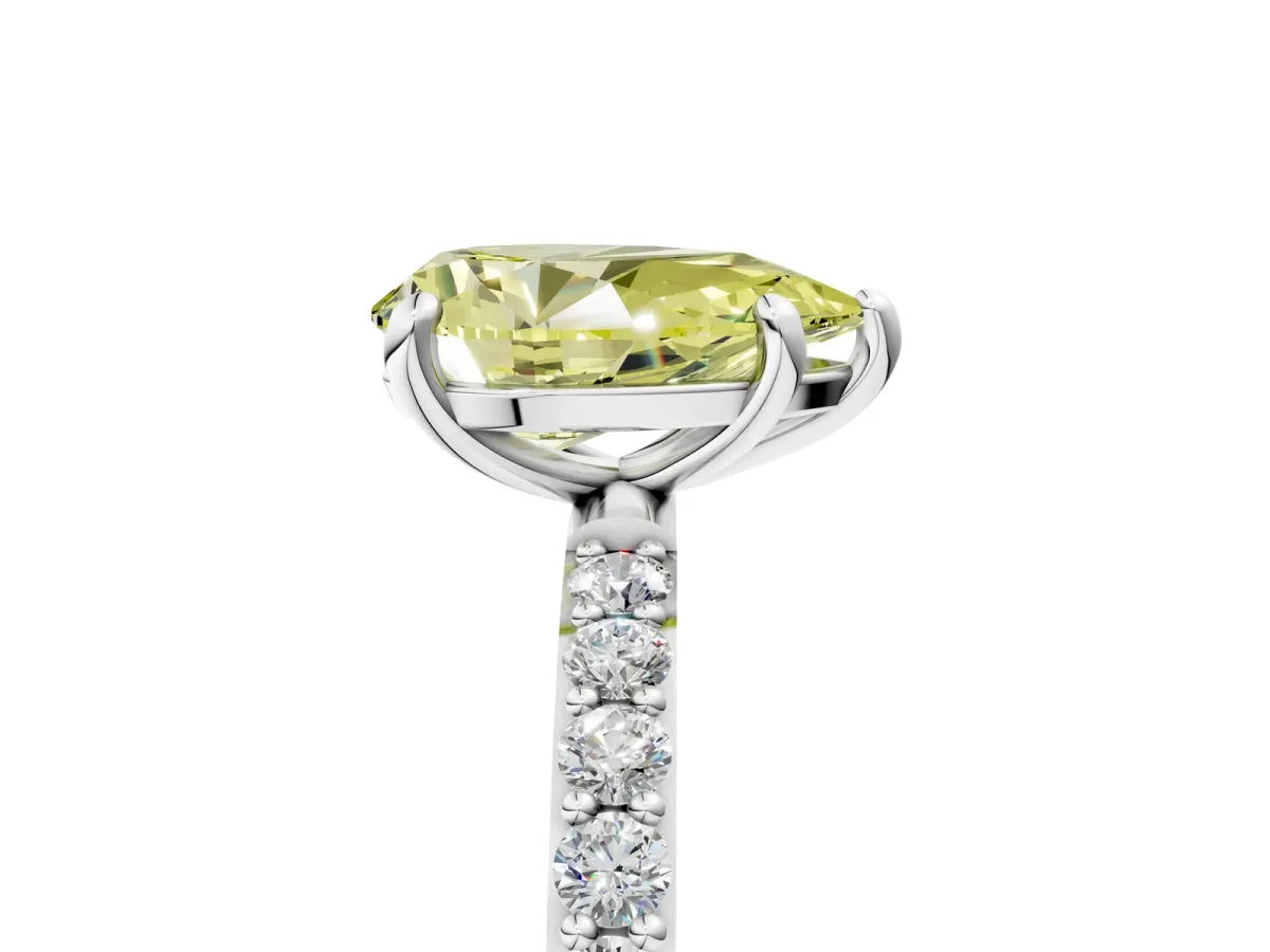 Fancy Yellow Pear Cut Diamond Solitaire Ring with Round Pavé Band and Prong Setting Silver