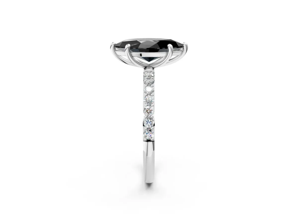 Fancy Black Marquise Cut Diamond Solitaire Ring with Round Pavé Band and Prong Setting Silver