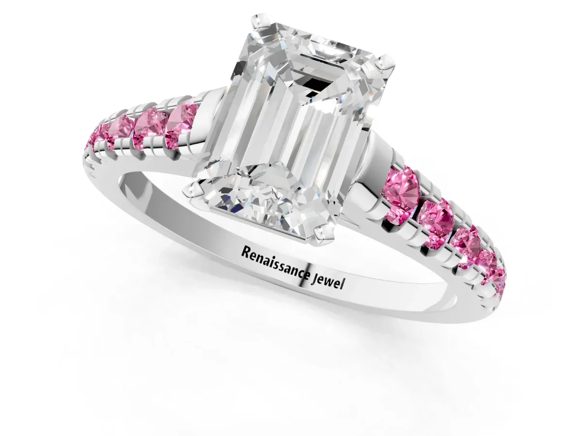 Emerald Cut Diamond Cathedral Solitaire Ring with Round Pink Sapphire Pavé Band Silver