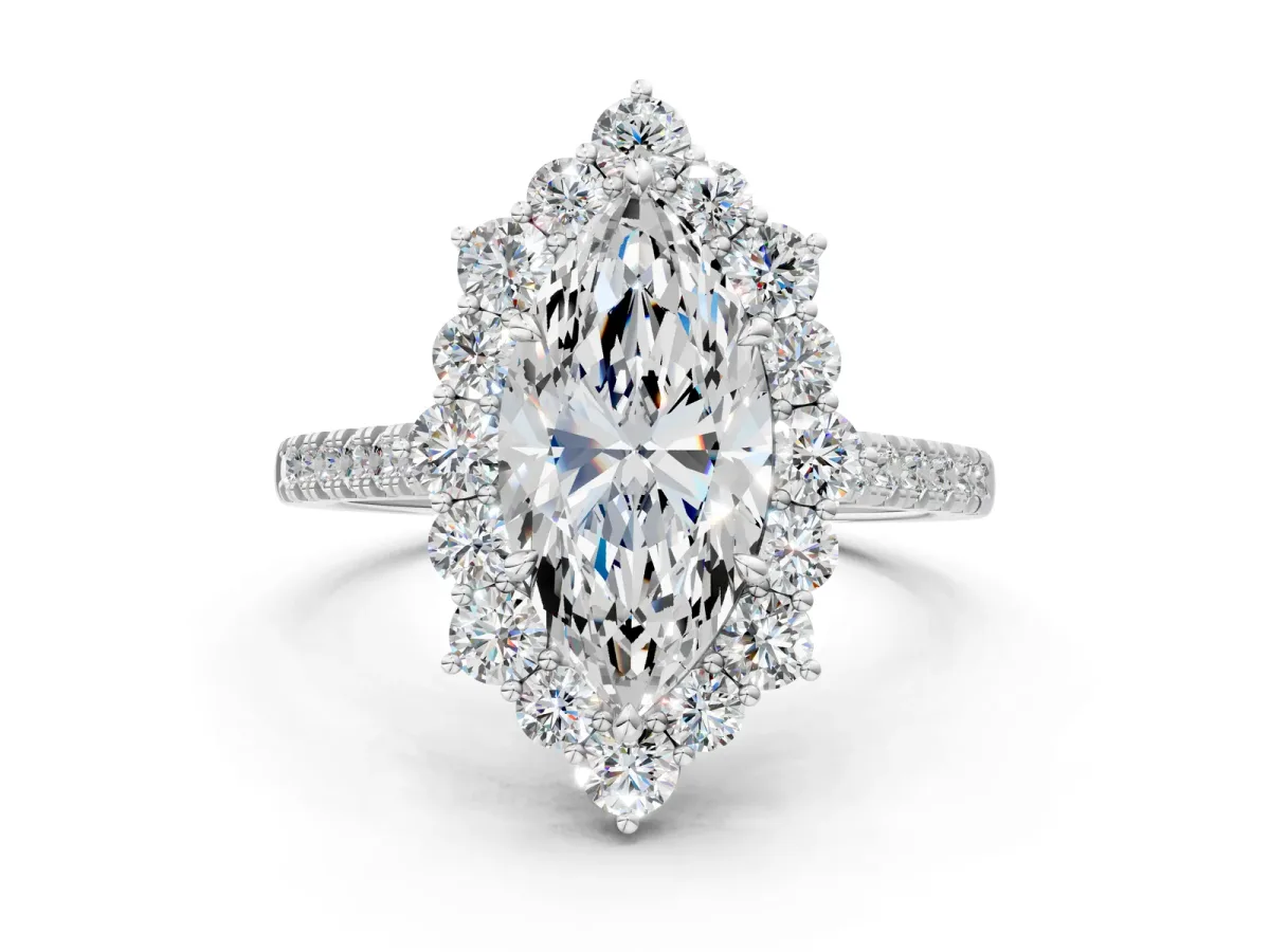 Marquise Cut Halo Diamond Ring with Pavé Band and Prong Setting Silver