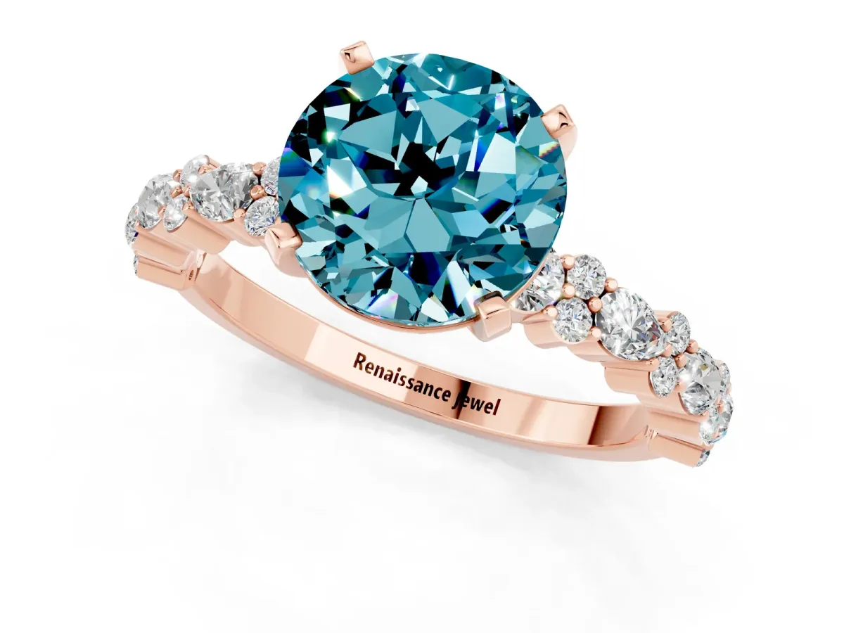 Round Cut Blue Topaz Side Stone Solitaire Ring with Round and Four-Prong Setting Rose gold