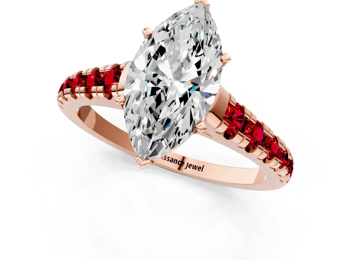 Marquise Cut Diamond Cathedral Solitaire Ring with Round Ruby Pavé Band Rose gold