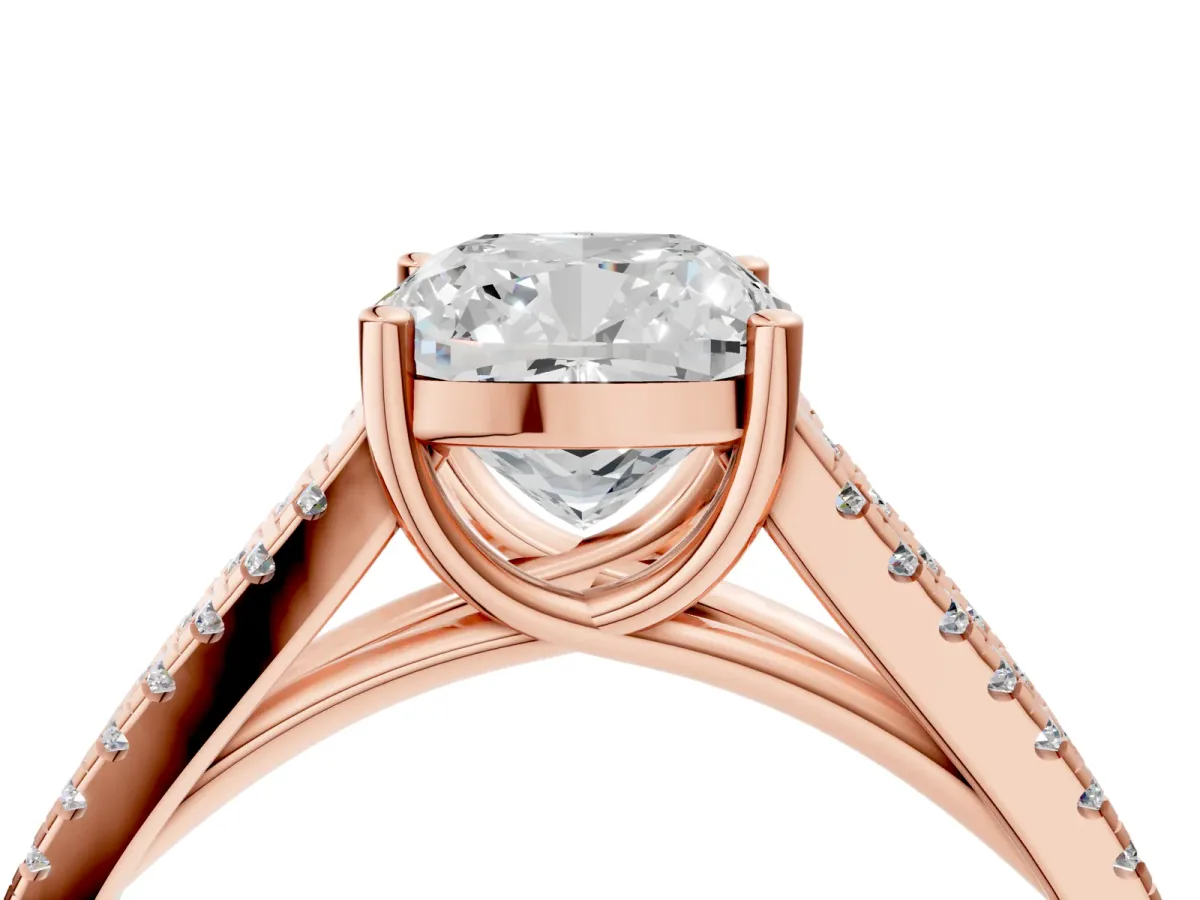 Cushion Cut Diamond Solitaire Engagement Ring with Split Shank Pavé Band Rose gold
