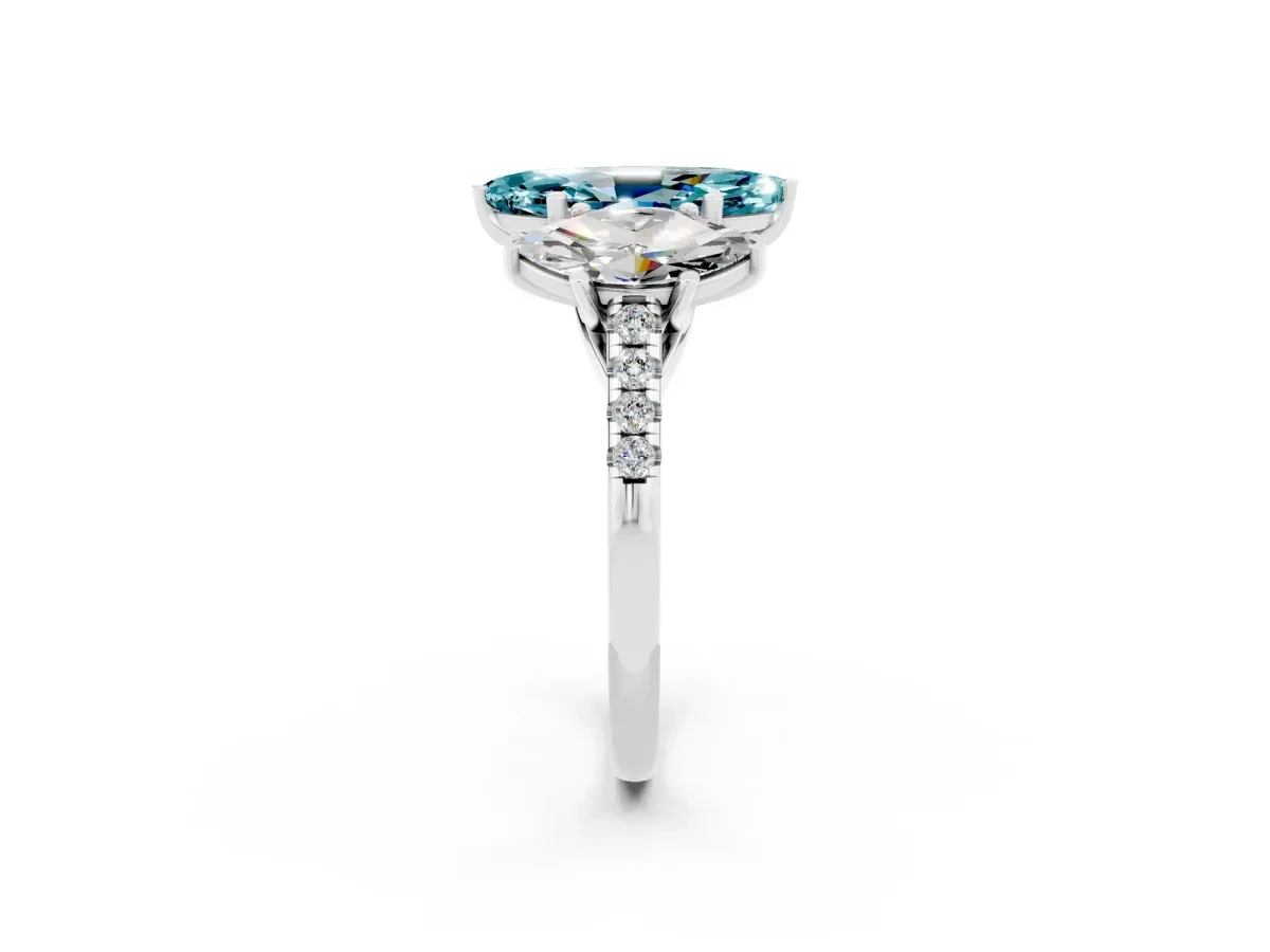 Three-Stone Marquise Cut Blue Topaz Ring with Round Pavé Band and Prong Setting Silver