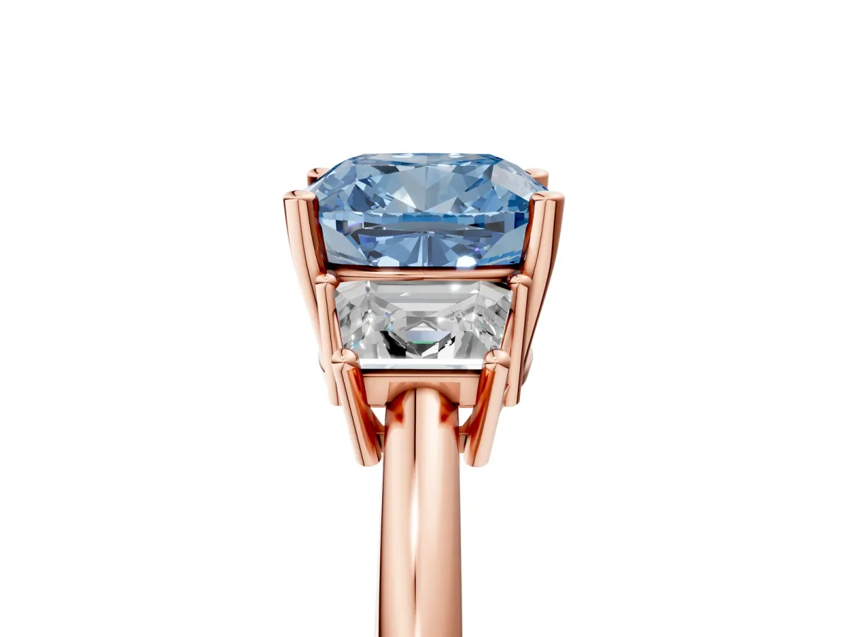 Fancy Blue Cushion Cut Diamond Three-Stone Ring with Trapezoid Side Stones and Prong Setting Rose gold