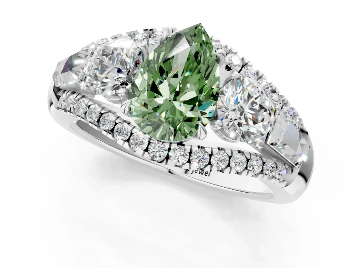 Fancy Green Three-Stone Pear Cut Diamond Engagement Ring with Pave Band and Prong Setting Platinum