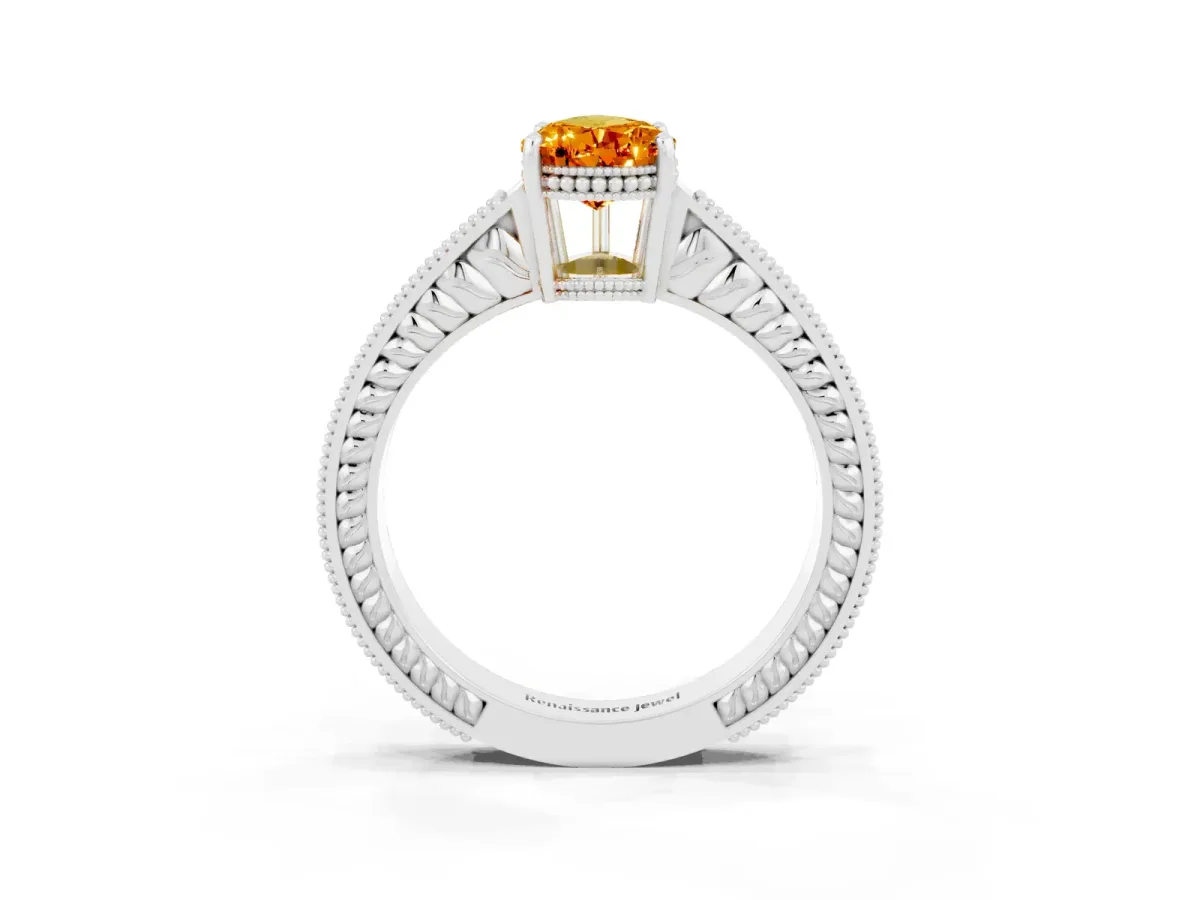 Pear Cut Citrine Ring with Milgrain Pavé Band and Four-Prong Setting Platinum