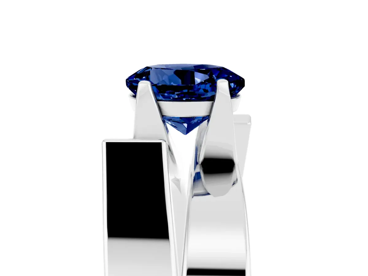 Modern Tension Set Round Cut Blue Sapphire Solitaire Wide Band Ring Silver