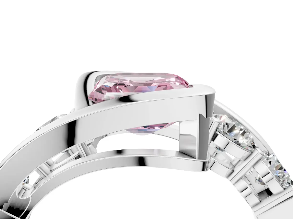 Fancy Pink Bezel Set Asscher Cut Diamond Bypass Ring with Round Accents Platinum
