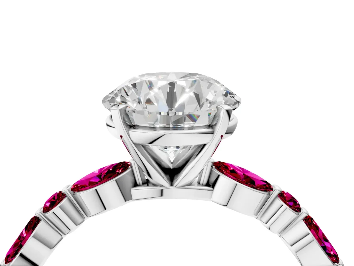 Round Cut Diamond Ring with Marquise and Round Garnet Side Stones and Four-Prong Setting Silver