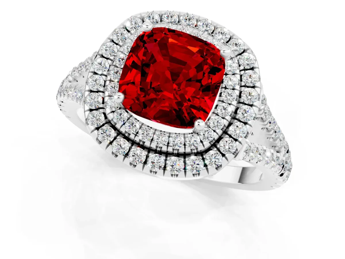 Cushion Cut Ruby Double Halo Ring with Pavé Band and Prong Setting Platinum