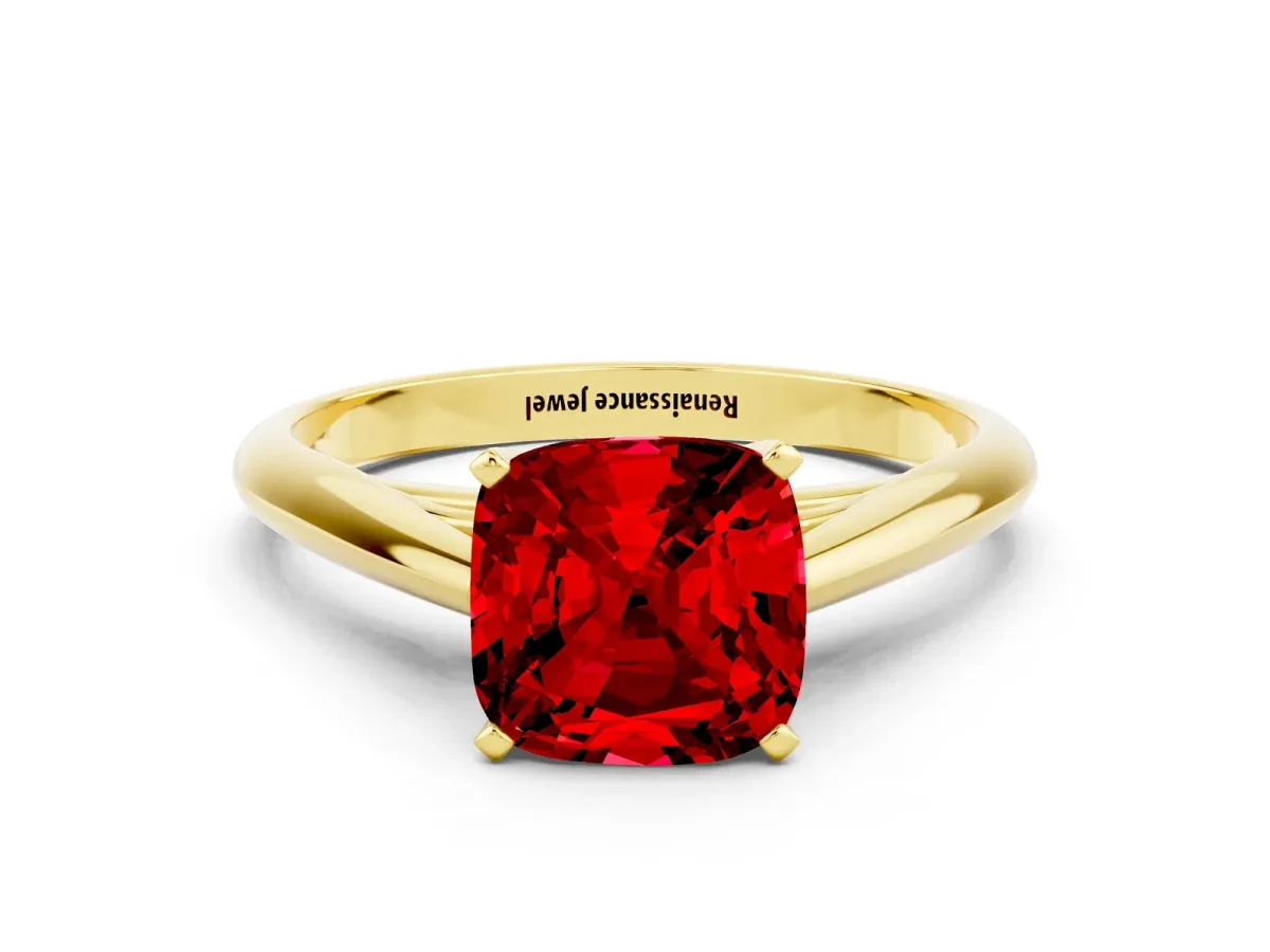 Cushion Cut Ruby Solitaire Engagement Ring with Cathedral Setting and Four-Prong Mount Yellow gold