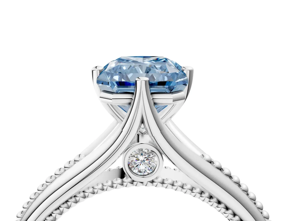 Fancy Blue Radiant Cut Solitaire Beaded Band Six-Prong Setting Platinum