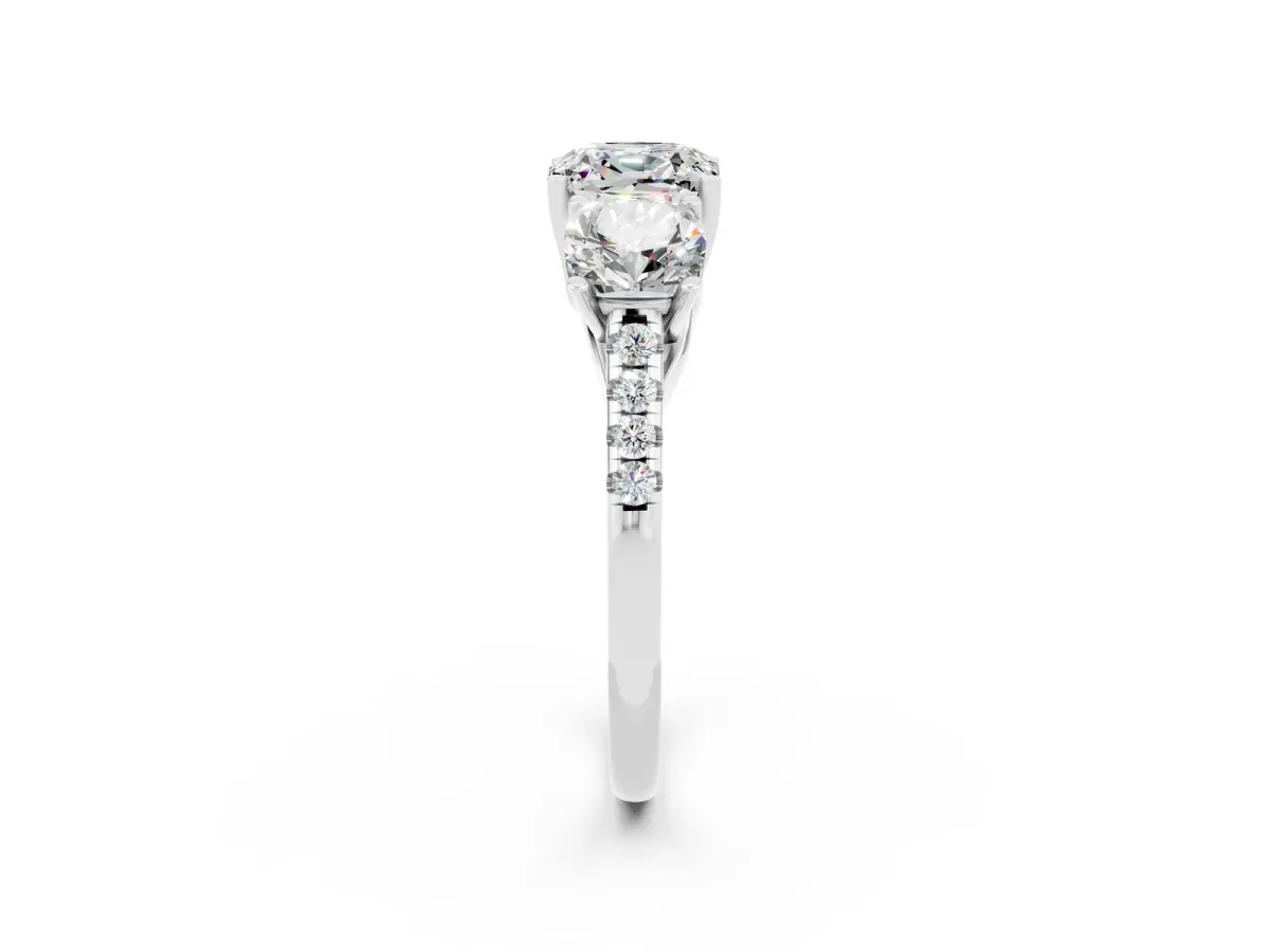 Three-Stone Cushion Cut Moissanite Ring with Round Pavé Band and Prong Setting Silver