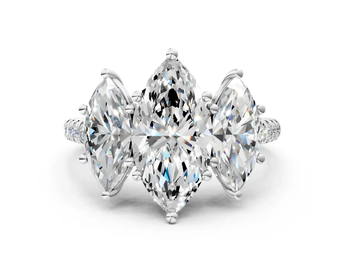 Three-Stone Marquise Cut Diamond Ring with Round Moissanite Pavé Band and Prong Setting Silver