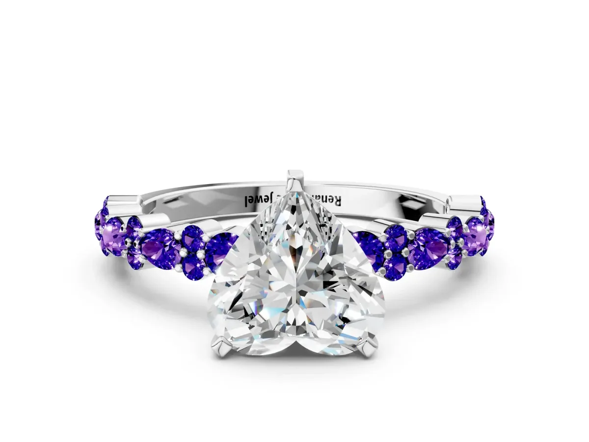 Heart Cut Diamond Side Stone Solitaire Ring with Round Tanzanite and Four-Prong Setting Platinum