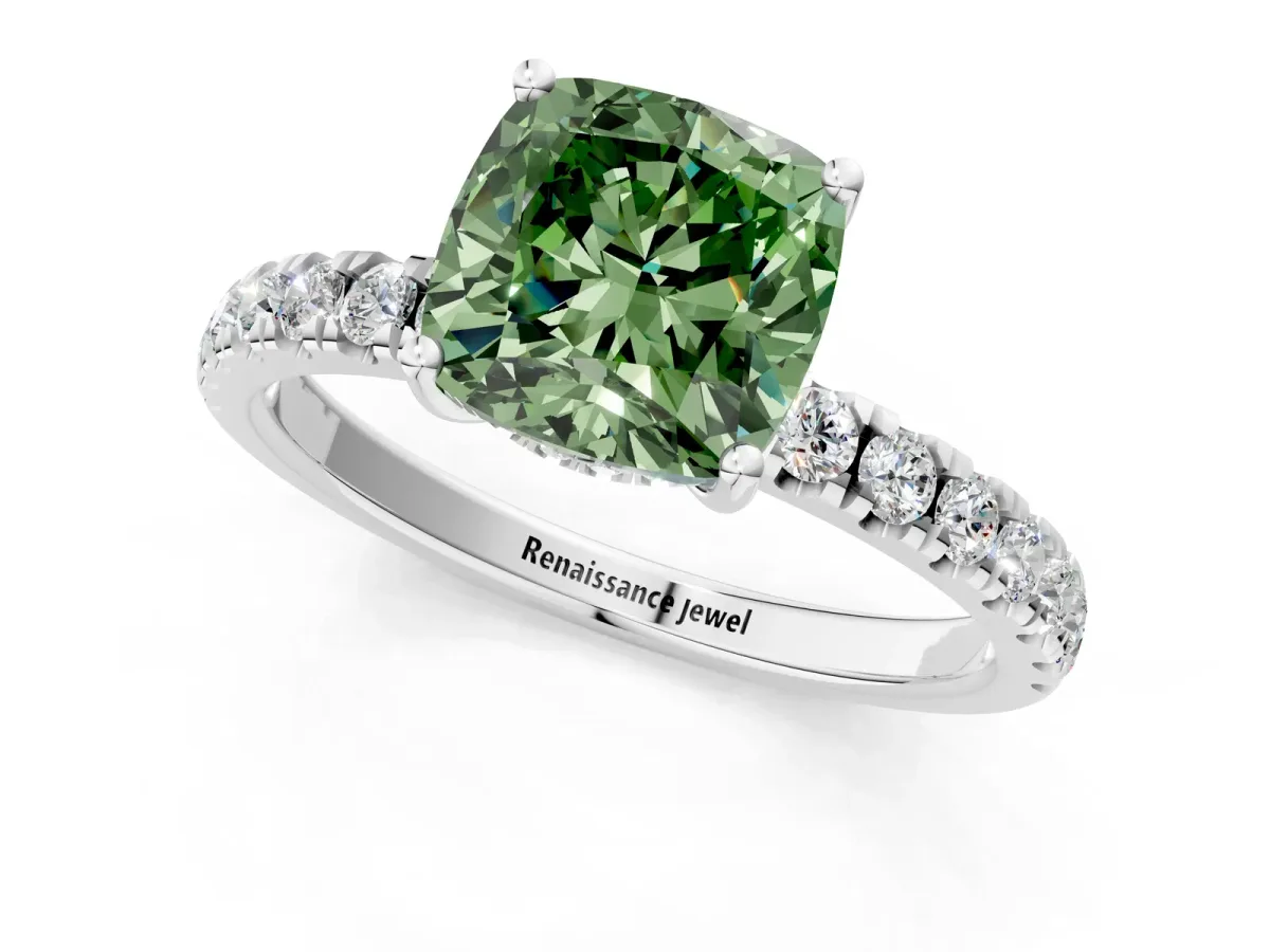 Fancy Green Cushion Cut Diamond Pave Band Solitaire Ring with Round and Prong Setting Silver