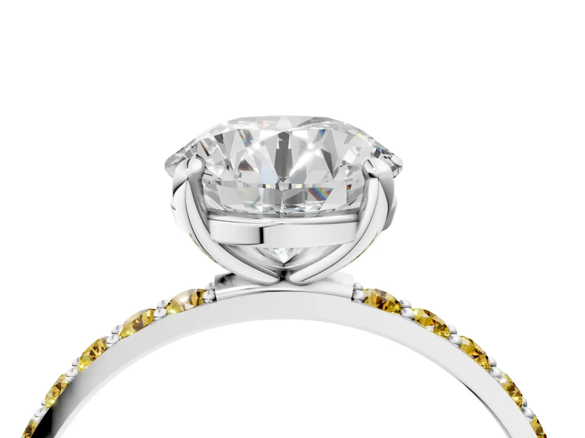 Round Cut Diamond Solitaire Ring with Round Yellow Sapphire Pavé Band and Prong Setting Silver