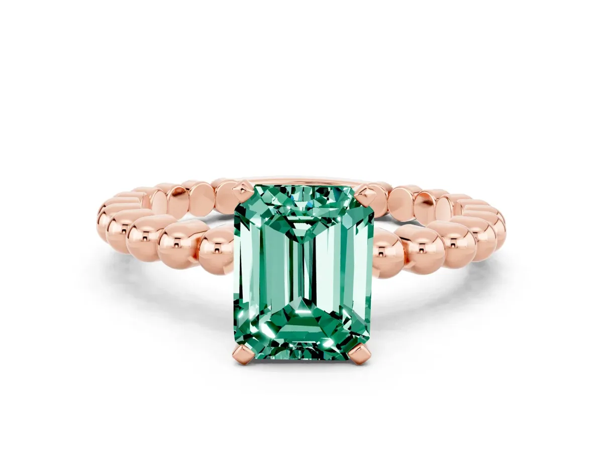 Emerald Cut Green Sapphire Solitaire Ring with Beaded Band and Prong Setting Rose gold