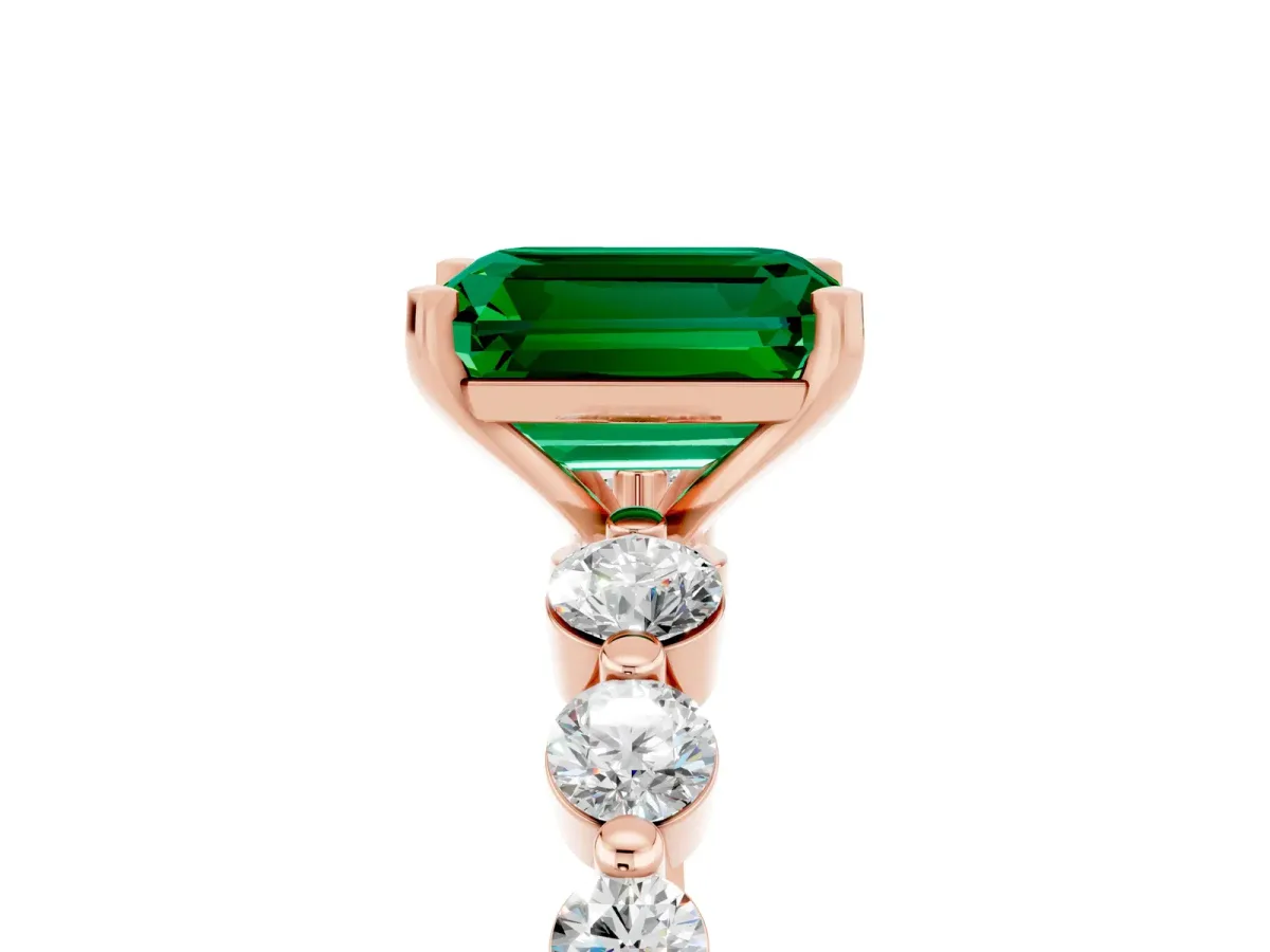 Emerald Cut Solitaire Emerald Ring with Pave Band and Four-Prong Setting Rose gold