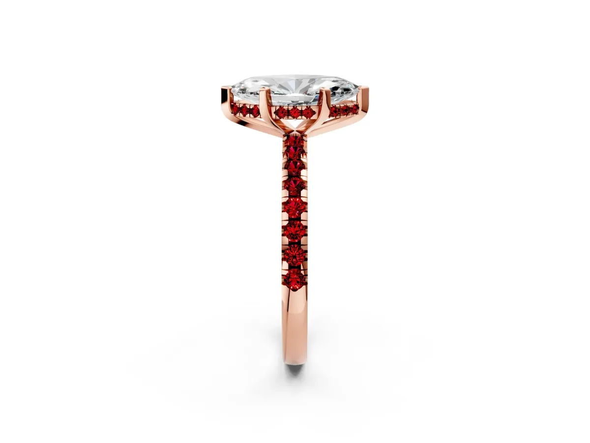 Marquise Cut Diamond Solitaire Ring with Round Ruby Pavé Band and Four-Prong Setting Rose gold