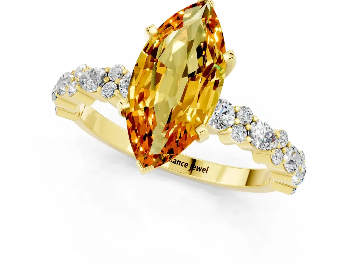 Marquise Cut Citrine Side Stone Solitaire Ring with Round and Four-Prong Setting Yellow gold