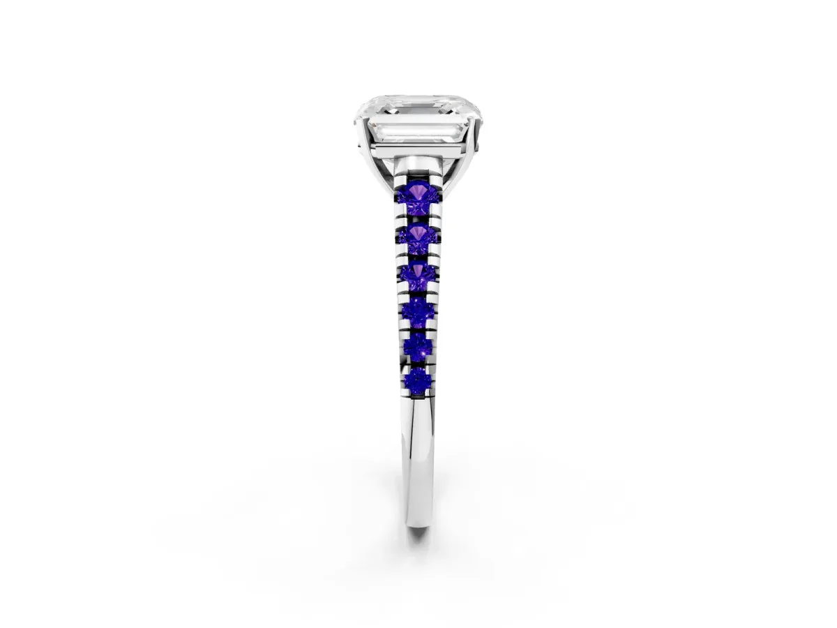 Asscher Cut Diamond Cathedral Solitaire Ring with Round Tanzanite Pavé Band Silver