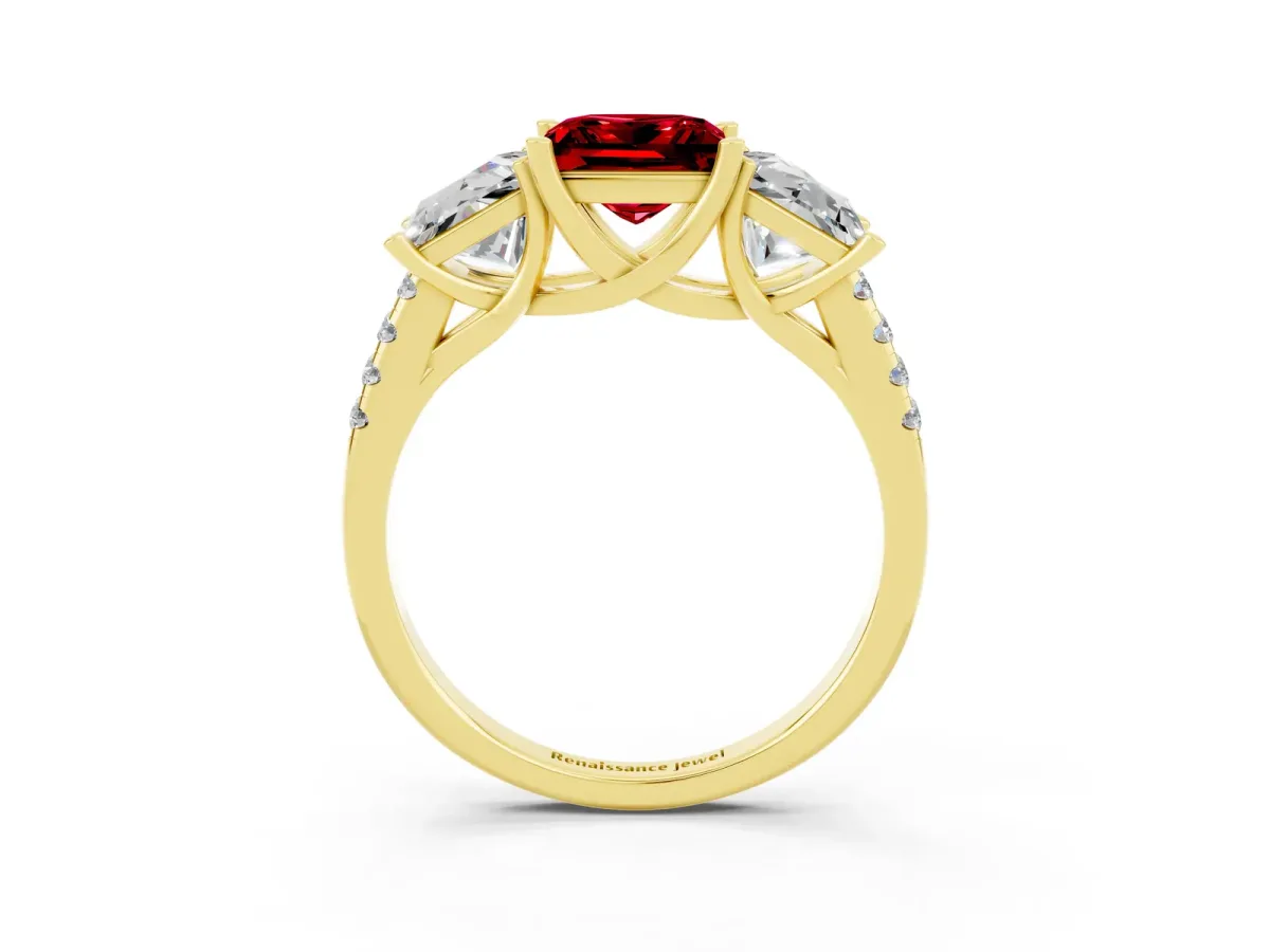 Three-Stone Princess Cut Ruby Ring with Round Pavé Band and Prong Setting Yellow gold