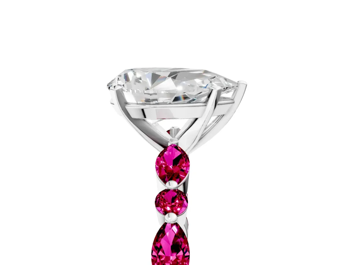 Pear Cut Diamond Ring with Marquise and Round Garnet Side Stones and Four-Prong Setting Silver