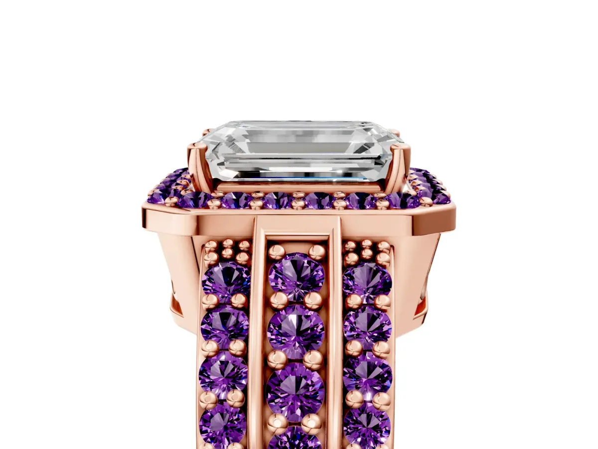 Emerald Cut Halo Diamond Ring with Round Amethyst Split Shank and Prong Setting Rose gold