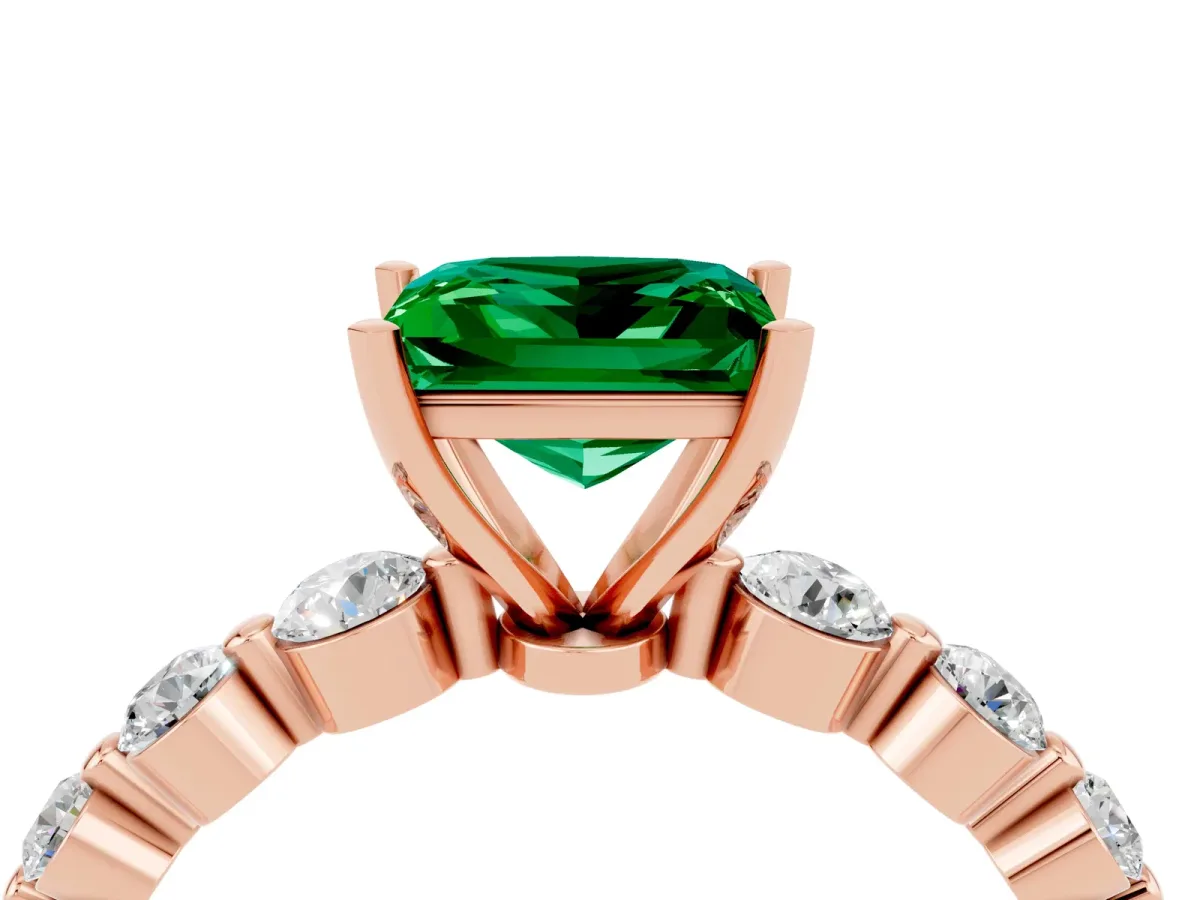 Princess Cut Solitaire Emerald Ring with Pave Band and Four-Prong Setting Rose gold