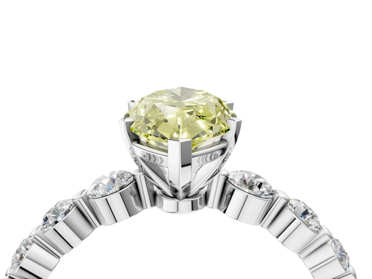 Fancy Yellow Marquise Cut Solitaire Diamond Ring with Pave Band and Four-Prong Setting Silver