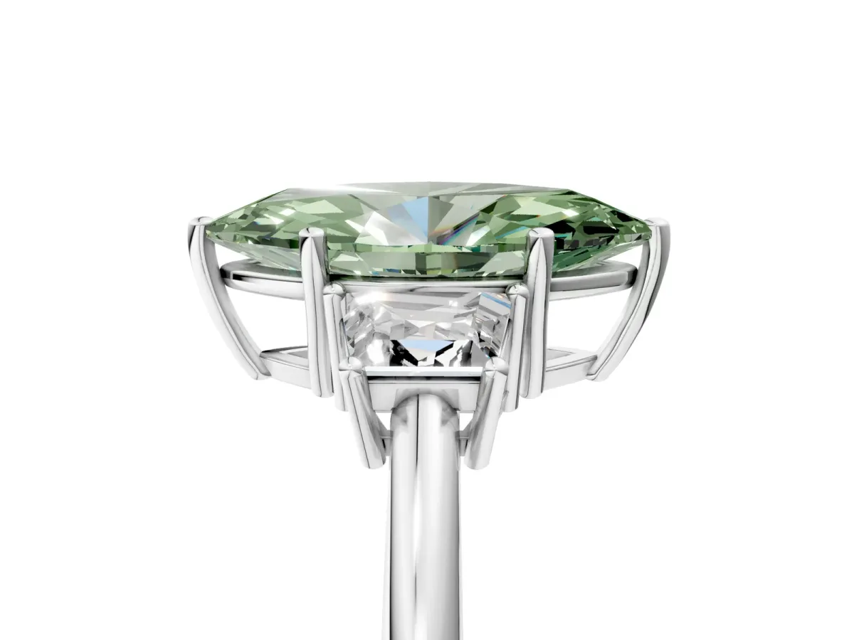 Fancy Green Marquise Cut Diamond Three-Stone Ring with Trapezoid Side Stones and Prong Setting Silver