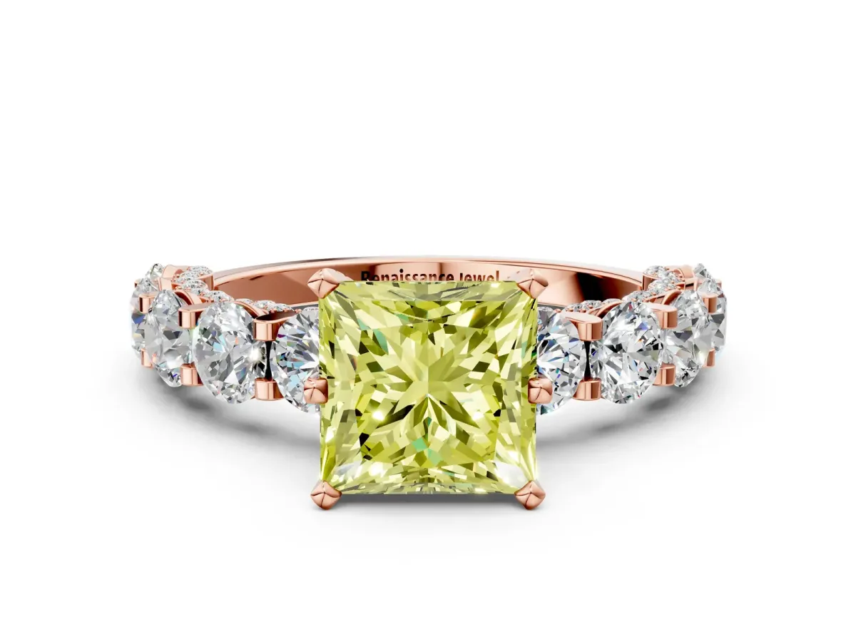 Fancy Yellow Princess Cut Diamond Side Stone Engagement Ring with Four-Prong Setting Rose gold
