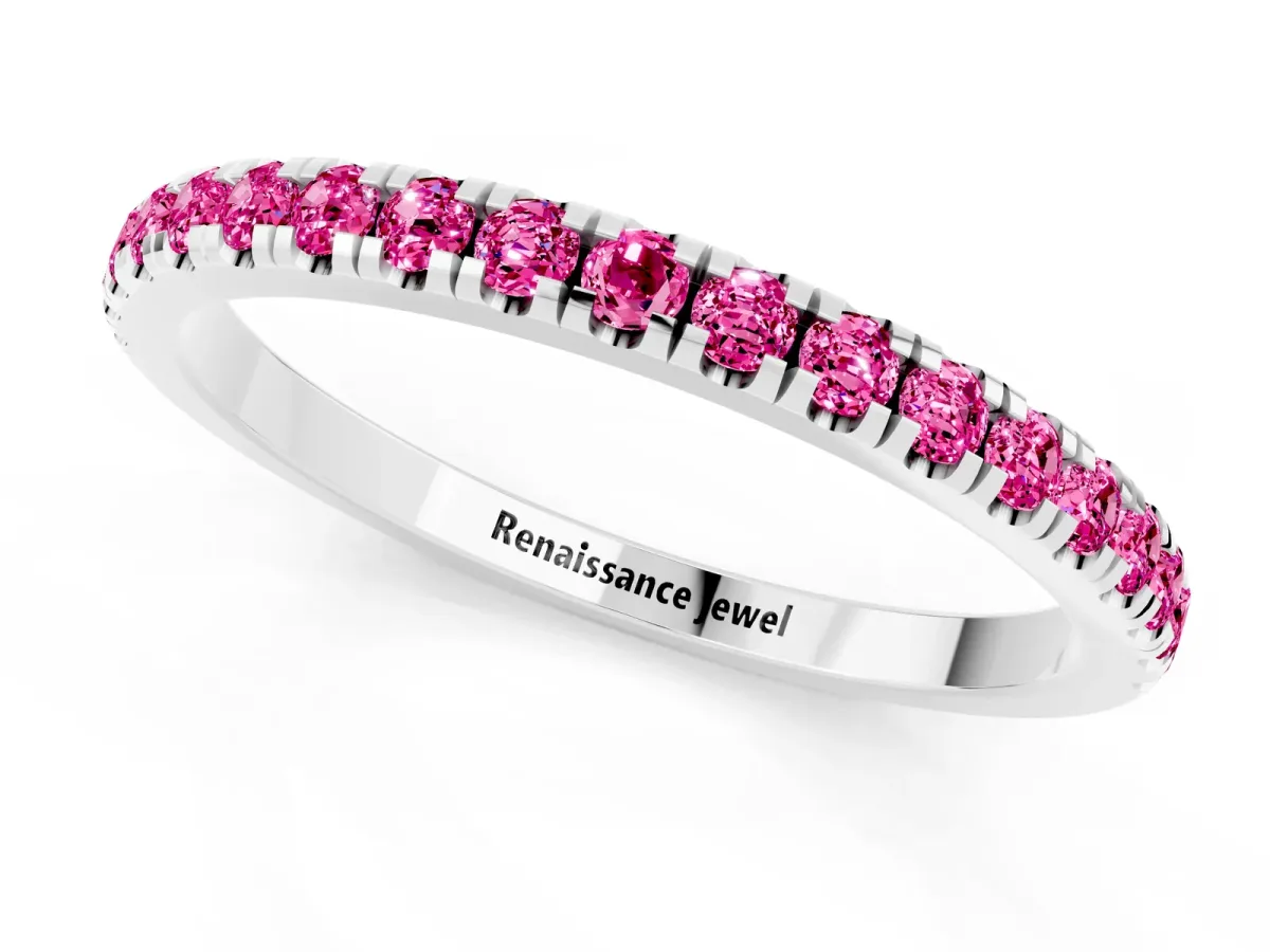 Pavé Round Pink Sapphire Half Eternity Band with Shared Prong Setting Platinum