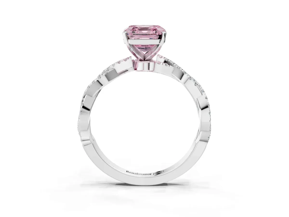 Fancy Pink Asscher Cut Solitaire Twisted Pave Band with Four-Prong Setting Platinum