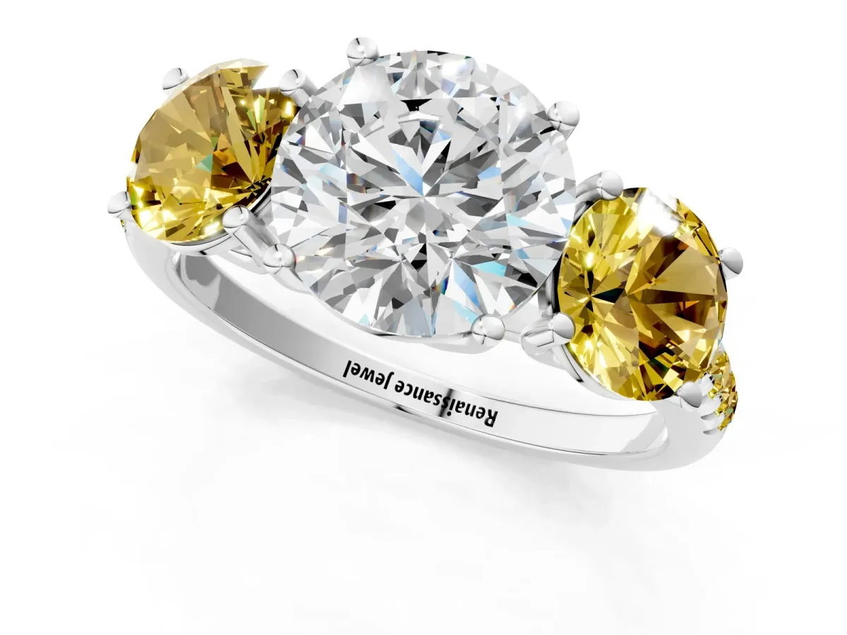 Three-Stone Round Cut Diamond Ring with Round Yellow Sapphire Pavé Band and Prong Setting Silver