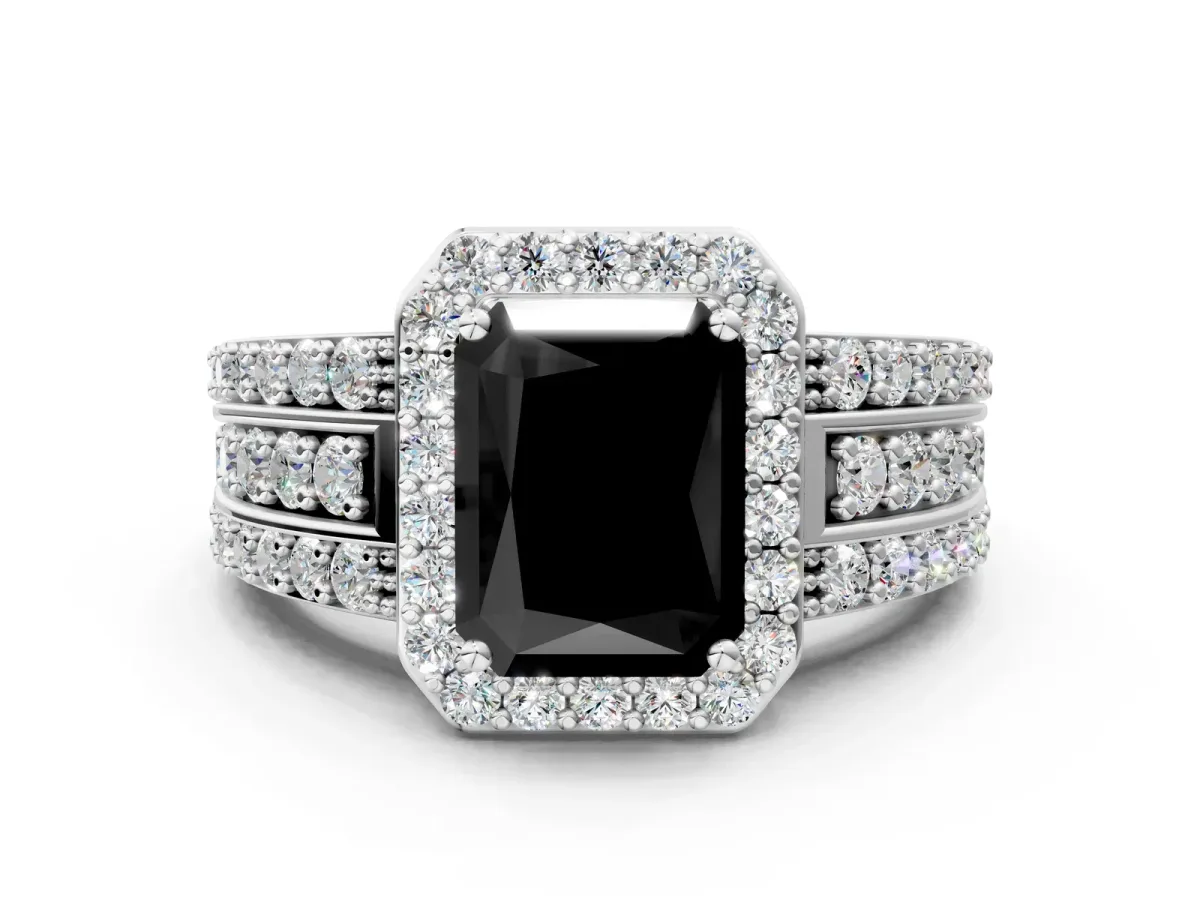 Fancy Black Radiant Cut Halo Diamond Ring with Round Split Shank and Prong Setting Platinum