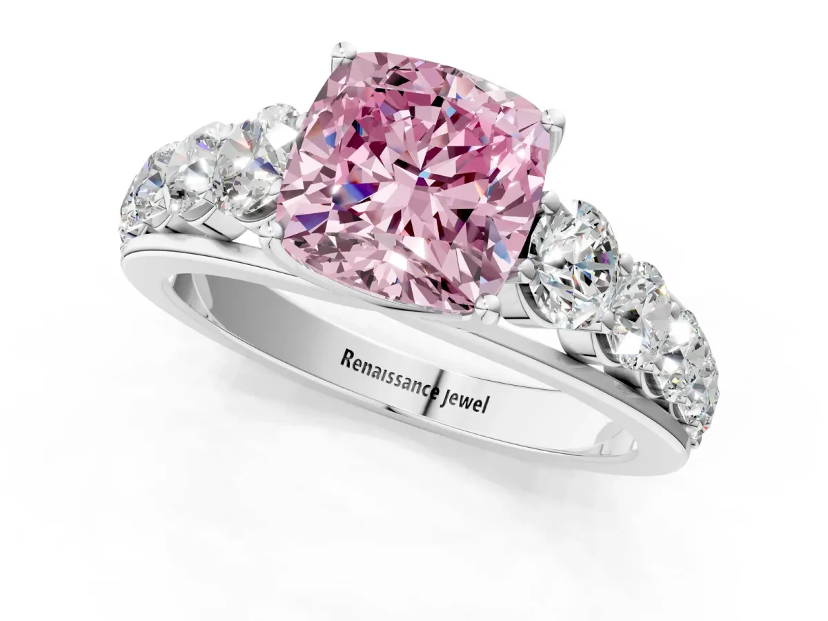 Fancy Pink Cushion Cut Brilliant Diamond Pavé Band with Six-Prong Setting Silver