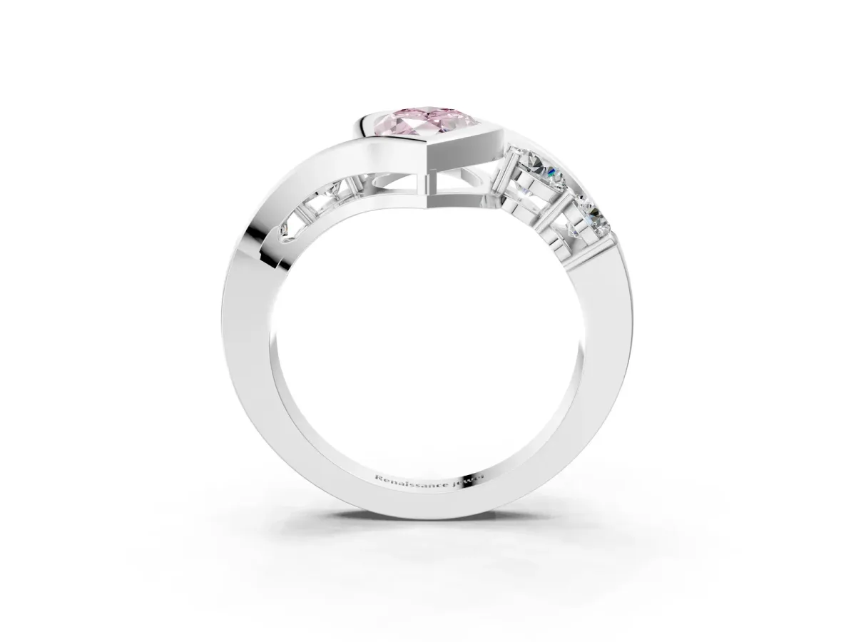 Fancy Pink Bezel Set Marquise Cut Diamond Bypass Ring with Round Accents Platinum