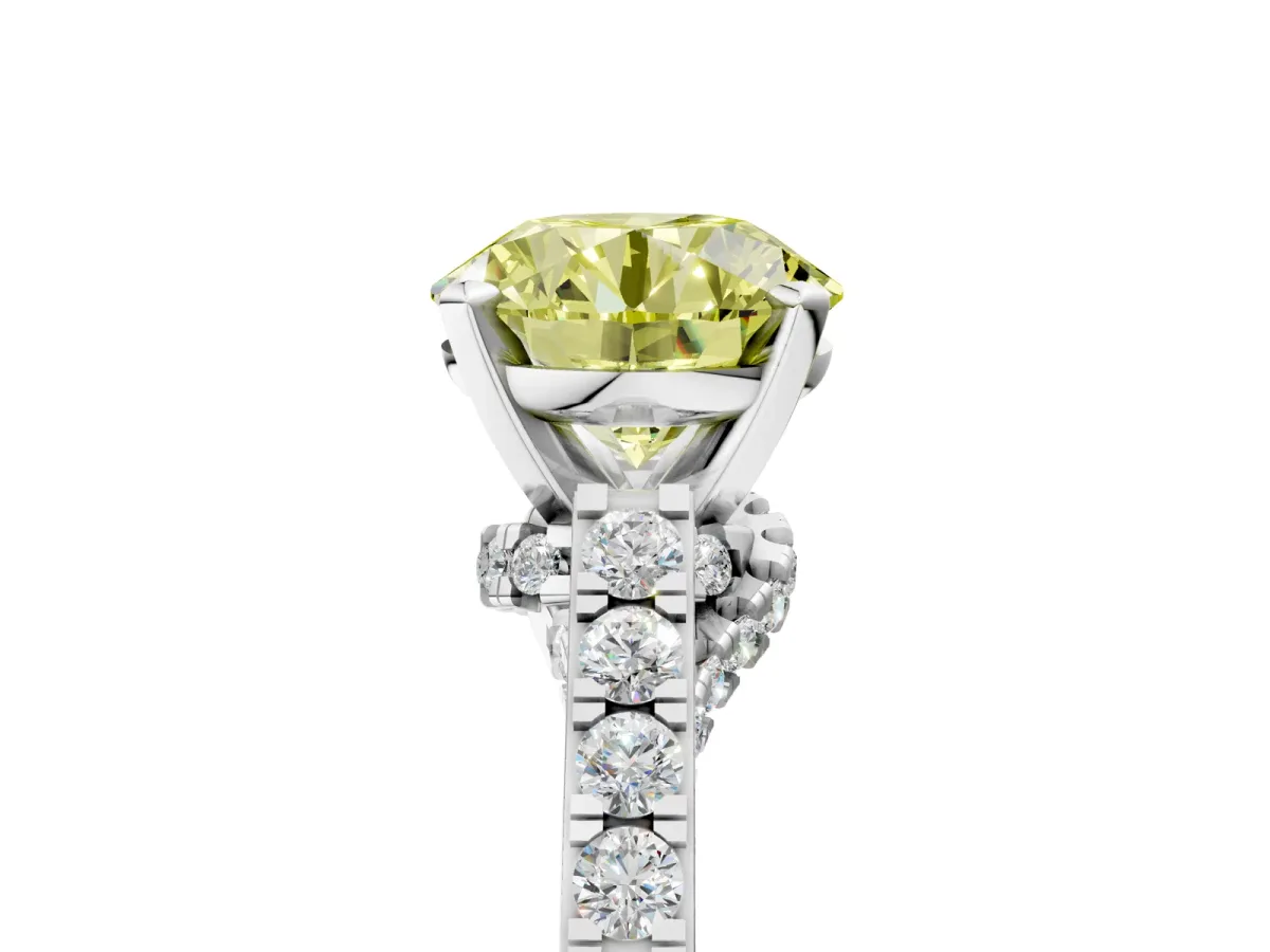 Fancy Yellow Round Cut Diamond Solitaire Ring with Crossover Gallery and Round Pavé Band Silver