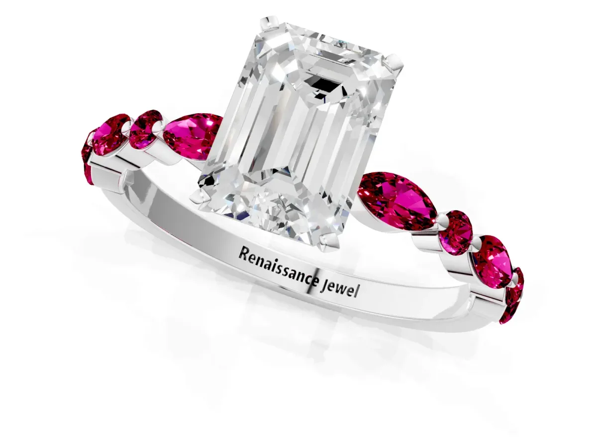 Emerald Cut Diamond Ring with Marquise and Round Garnet Side Stones and Four-Prong Setting Silver