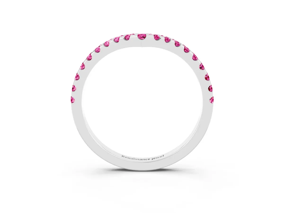 Pavé Round Pink Sapphire Chevron Band with Shared Prong Setting Platinum